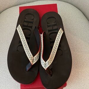 Carolina Herrera Brown Logo Flip Flop Sandals with White Logo Straps